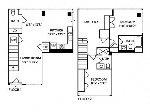 Floor plan for 2 beds, 2.5 baths, 1413 sqft
